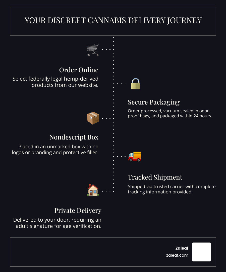 Infographic showing the journey of a Zaleaf package: Customer places order online → Order processed and packaged in plain materials within 24 hours → Sealed in odor-proof, vacuum-sealed bags → Placed in unmarked box with protective filler → Shipped via trusted carrier with tracking → Delivered to customer's door requiring adult signature - discreet cannabis shipping infographic infographic-line-5-steps-dark