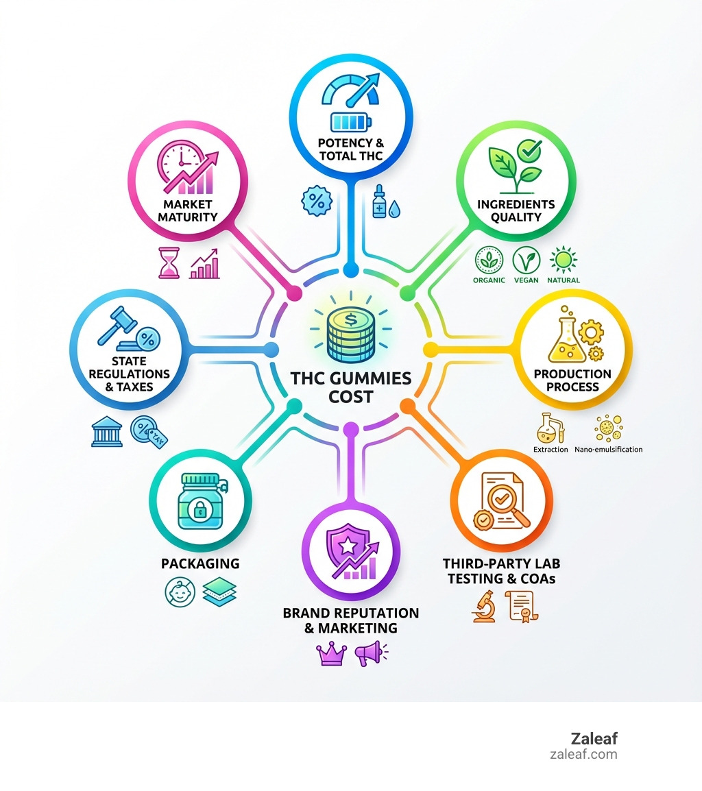 Infographic showing the key factors that determine THC gummies cost: potency and total THC content, ingredients quality (organic, vegan, natural), production process (extraction method, nano-emulsification), third-party lab testing and COAs, brand reputation and marketing, packaging (child-resistant, quality materials), state regulations and taxes, and market maturity - THC gummies cost infographic 