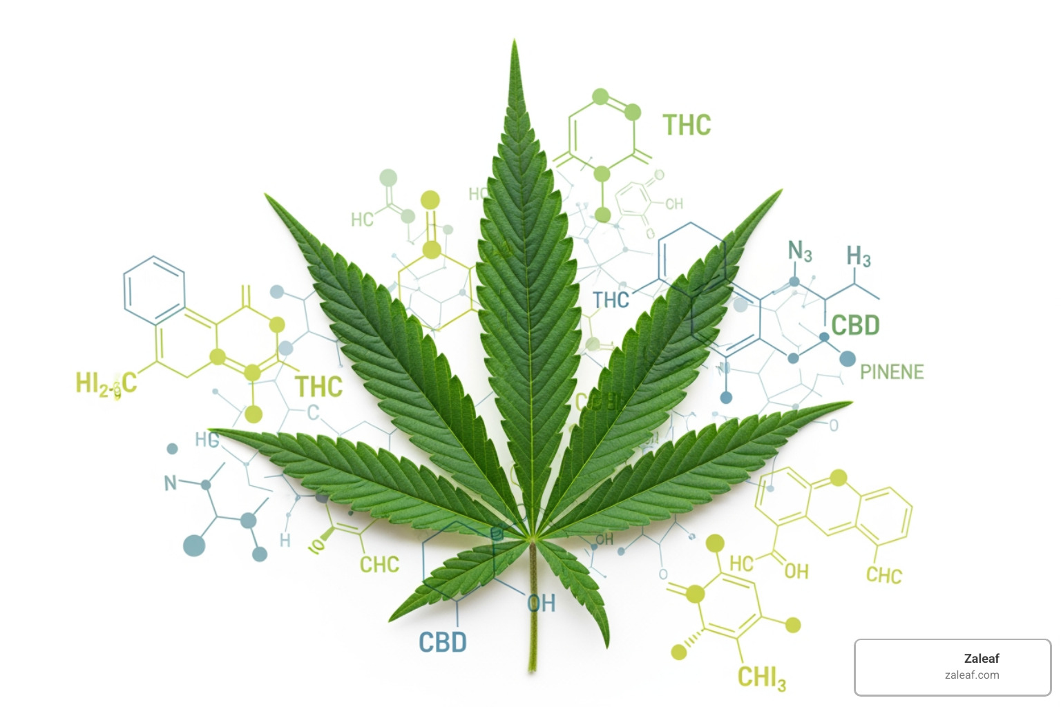 cannabis leaf with molecular diagrams of cannabinoids and terpenes overlaid - chocolate mint vape