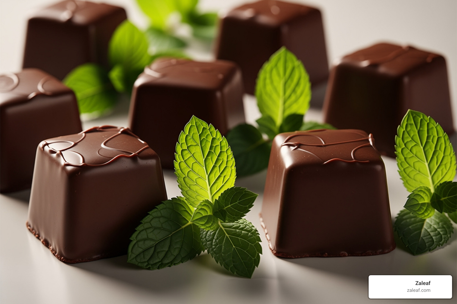high-quality dark chocolate squares next to fresh mint leaves - chocolate mint vape