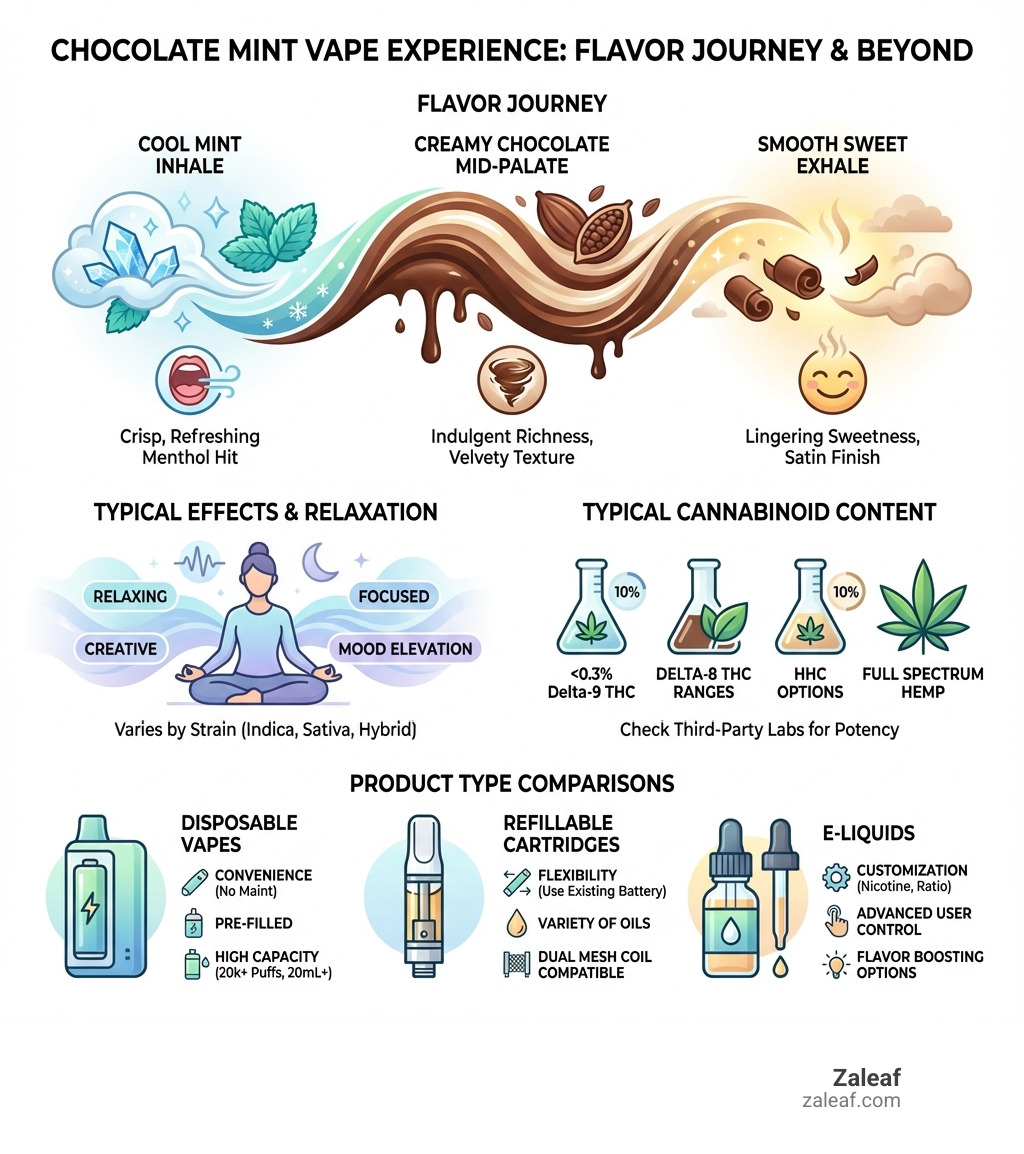 Infographic showing the chocolate mint vape experience: visual representation of the flavor journey from cool mint inhale through creamy chocolate mid-palate to smooth sweet exhale, with icons indicating relaxation effects, typical cannabinoid content ranges, and product type comparisons - chocolate mint vape infographic 