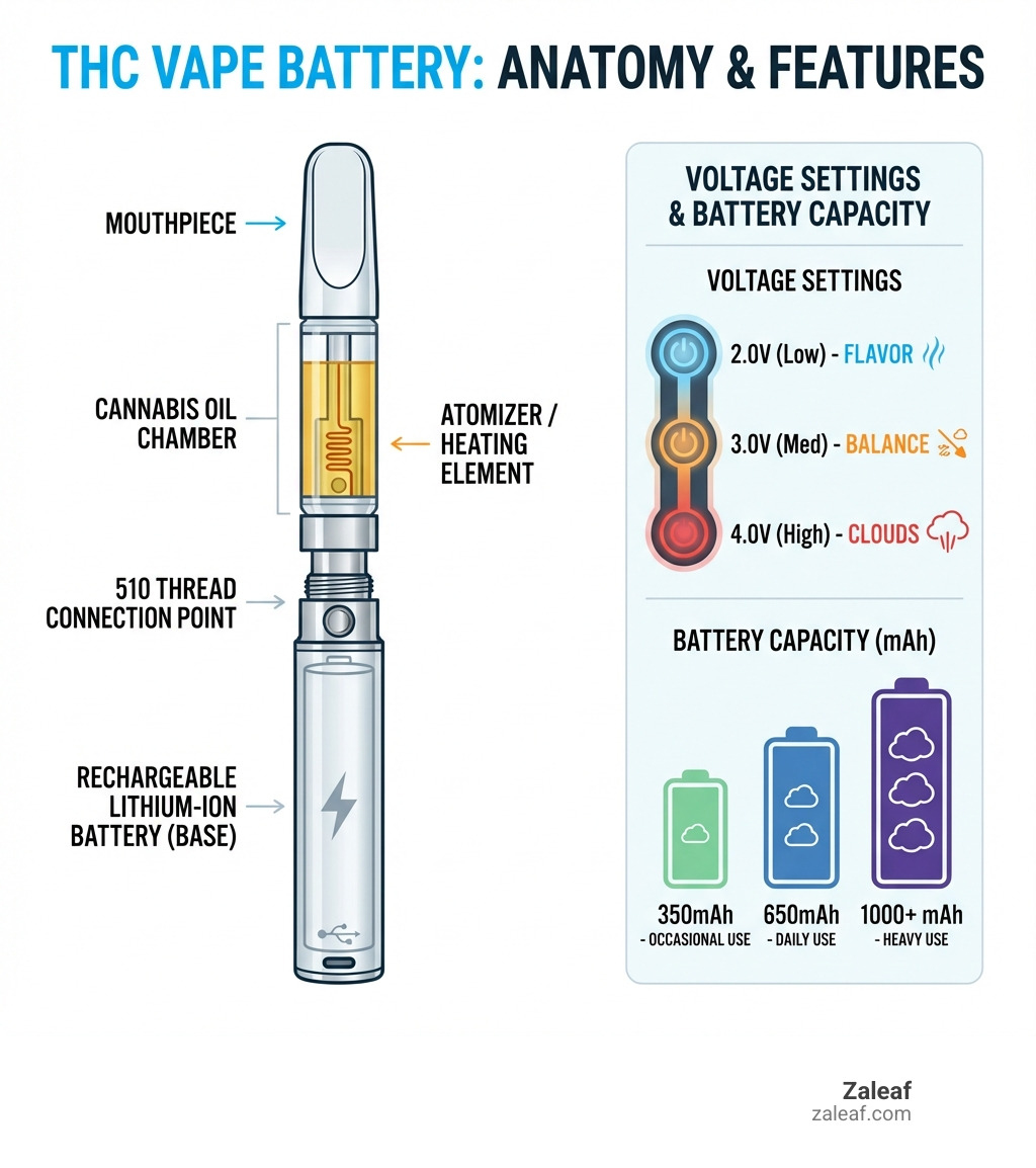 Infographic showing THC vape battery anatomy with labeled components: rechargeable lithium-ion battery at base, 510 thread connection point, atomizer/heating element in cartridge, cannabis oil chamber, and mouthpiece at top. Side panel shows three voltage settings (low 2.0V for flavor, medium 3.0V for balance, high 4.0V for clouds) and battery capacity comparison (350mAh for occasional use, 650mAh for daily use, 1000+ mAh for heavy use) - THC vape battery infographic 