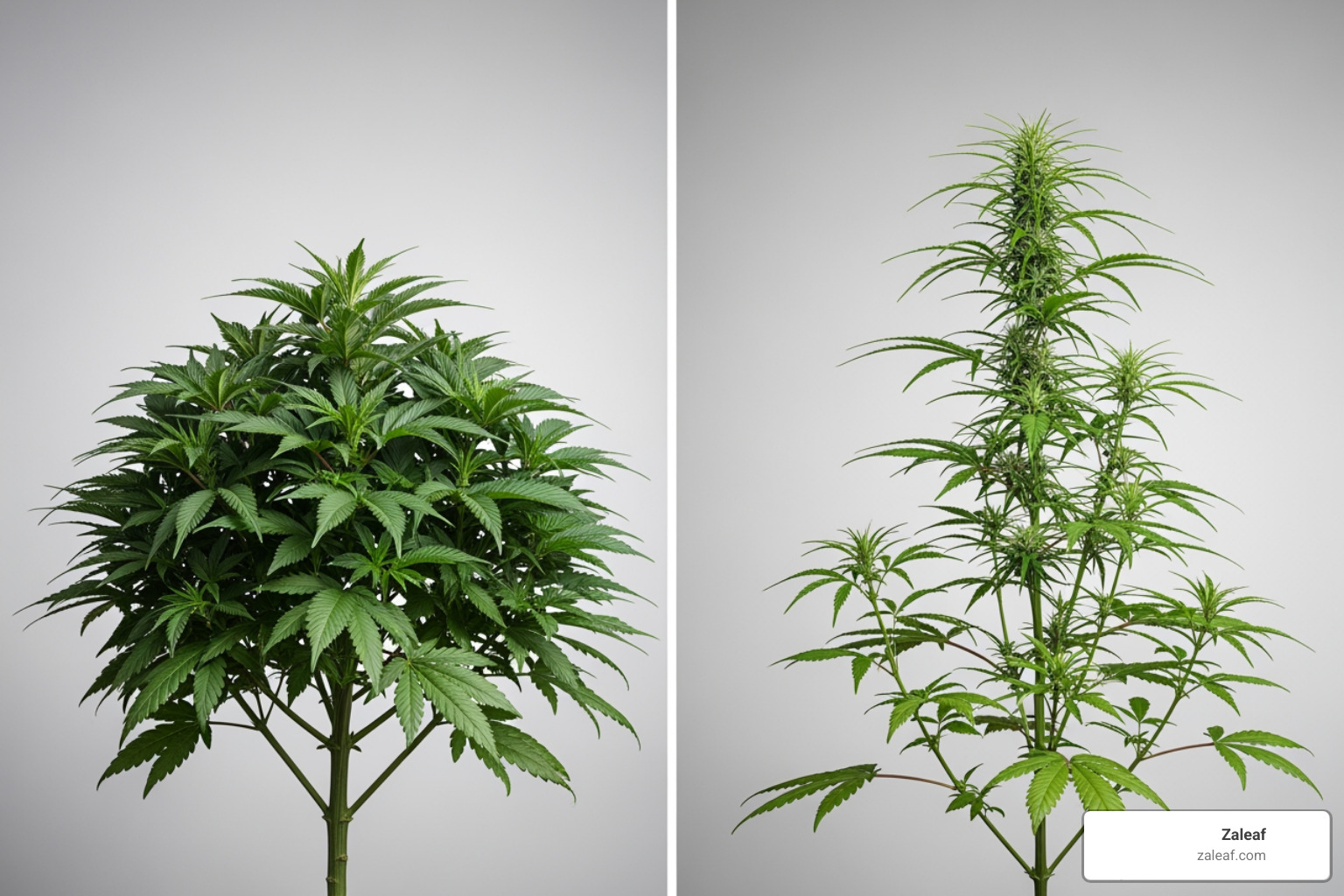 Visual comparison of indica and sativa plants: indica is short and bushy, sativa is tall and thin - indica pen cartridge