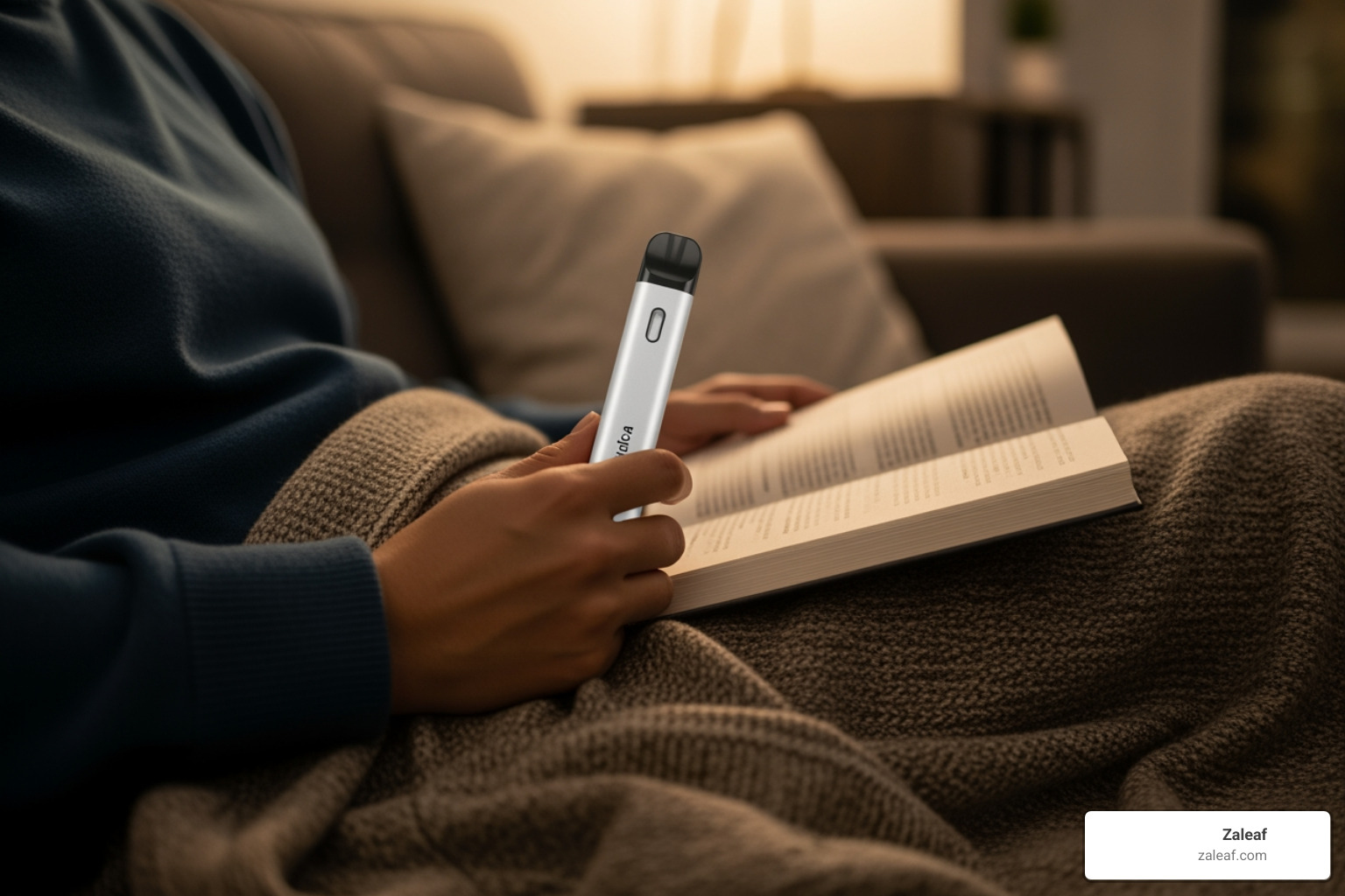 A person unwinding on a couch with a Zaleaf indica pen, a book, and a warm blanket, illustrating a relaxing evening scene - indica pen cartridge