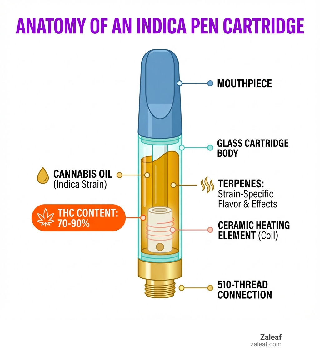 Anatomy of an indica pen cartridge showing the main components: 510-thread connection at the base, glass or ceramic cartridge body containing cannabis oil, ceramic heating element (coil), and mouthpiece at the top, with labels indicating THC content typically ranges from 70-90% and terpenes provide strain-specific flavor and effects - indica pen cartridge infographic 