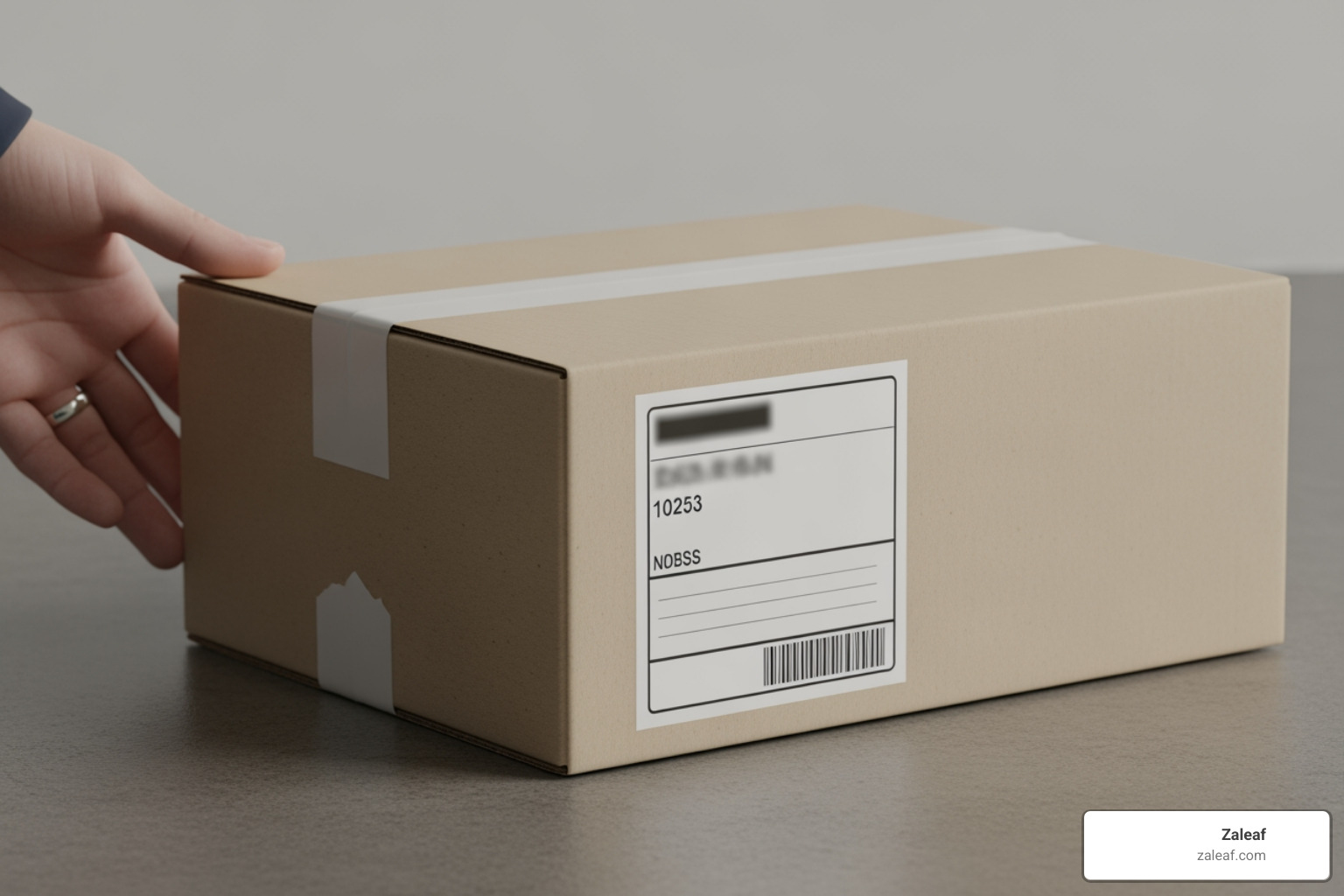 shipping label on a plain Zaleaf box - discreet cannabis shipping