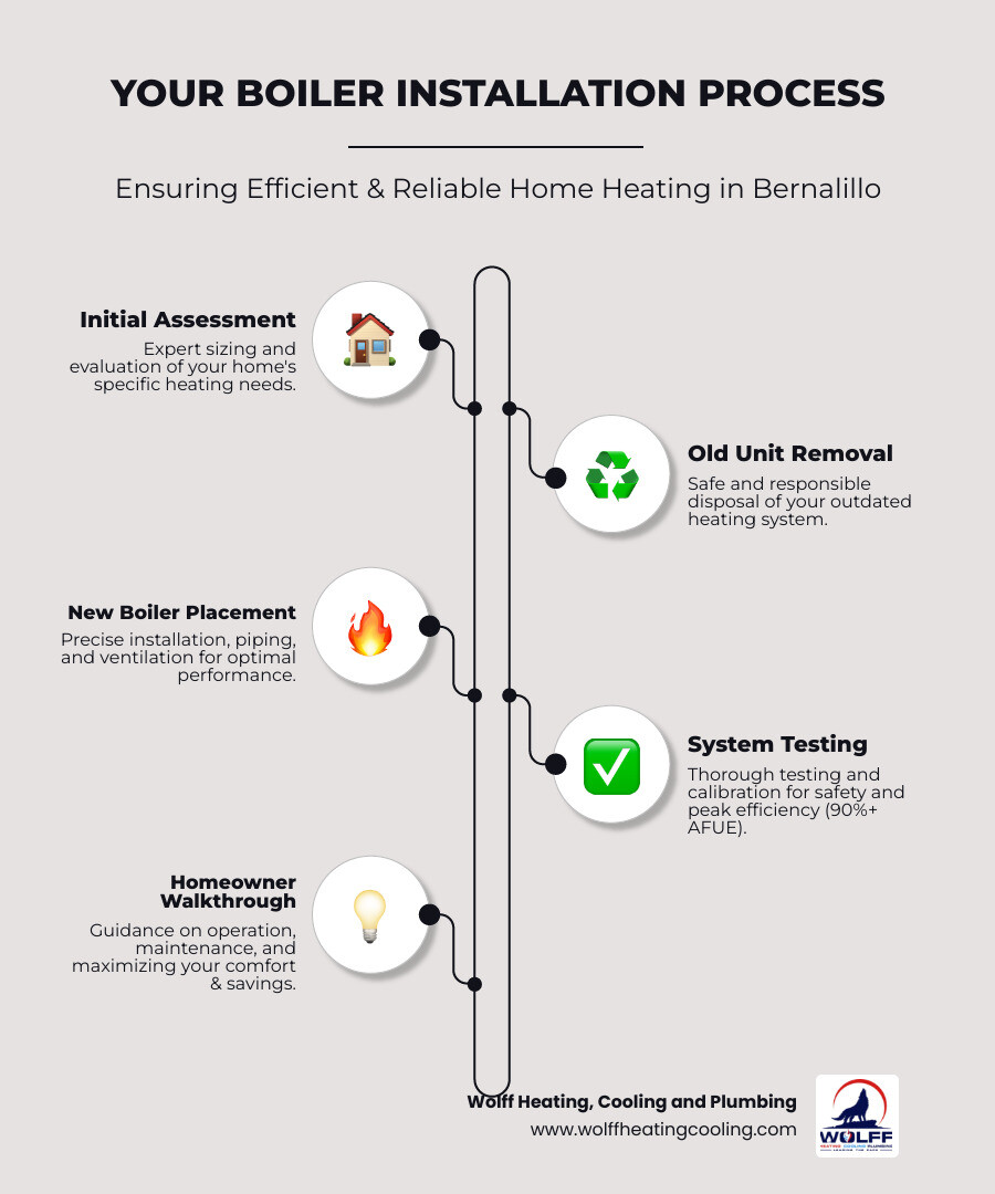 Infographic showing the professional boiler installation process from initial home assessment and system sizing, through old equipment removal, new boiler placement and connection with proper piping and ventilation, system testing and calibration, to final homeowner walkthrough, with callouts highlighting key benefits: 90%+ AFUE efficiency ratings, 15-20+ year lifespan with maintenance, consistent radiant heat comfort, and lower energy bills - boiler installation bernalillo nm infographic infographic-line-5-steps-elegant_beige Infographic showing the professional boiler installation process from initial home assessment and system sizing, through old equipment removal, new boiler placement and connection with proper piping and ventilation, system testing and calibration, to final homeowner walkthrough, with callouts highlighting key benefits: 90%+ AFUE efficiency ratings, 15-20+ year lifespan with maintenance, consistent radiant heat comfort, and lower energy bills - boiler installation bernalillo nm infographic infographic-line-5-steps-elegant_beige