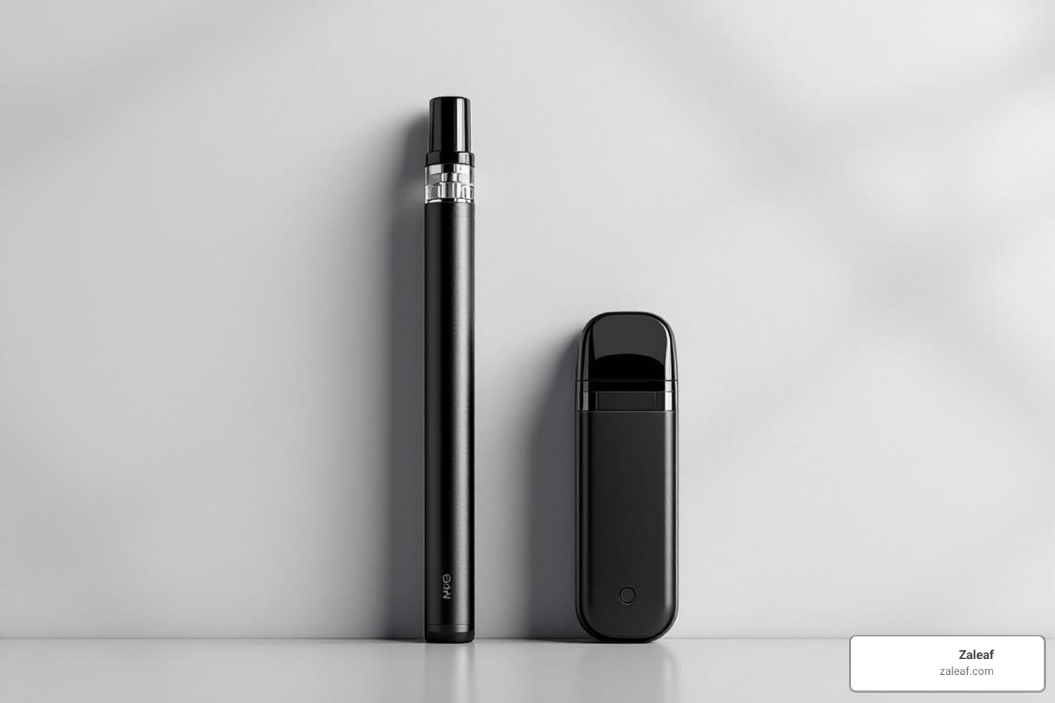 Two Zaleaf vapes side-by-side, one a simple disposable and the other a more advanced pod system, each with a small price tag indicating affordability - cheap vapes