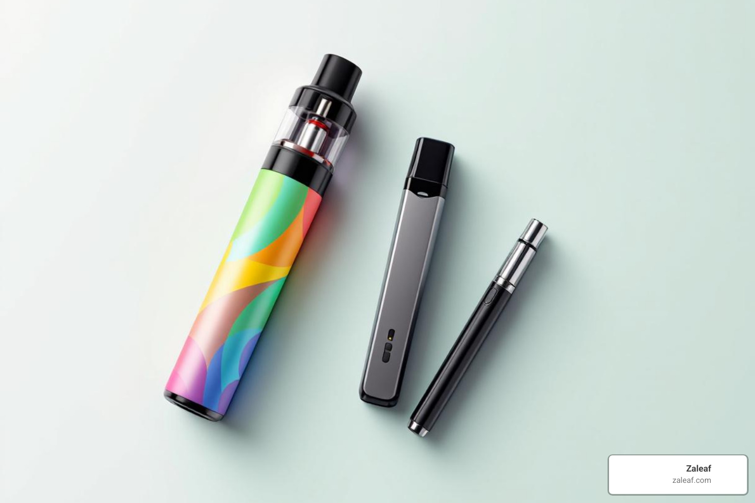 Three main types of affordable Zaleaf vapes: a colorful disposable, a sleek refillable pod system, and a discreet 510-thread vape pen - cheap vapes