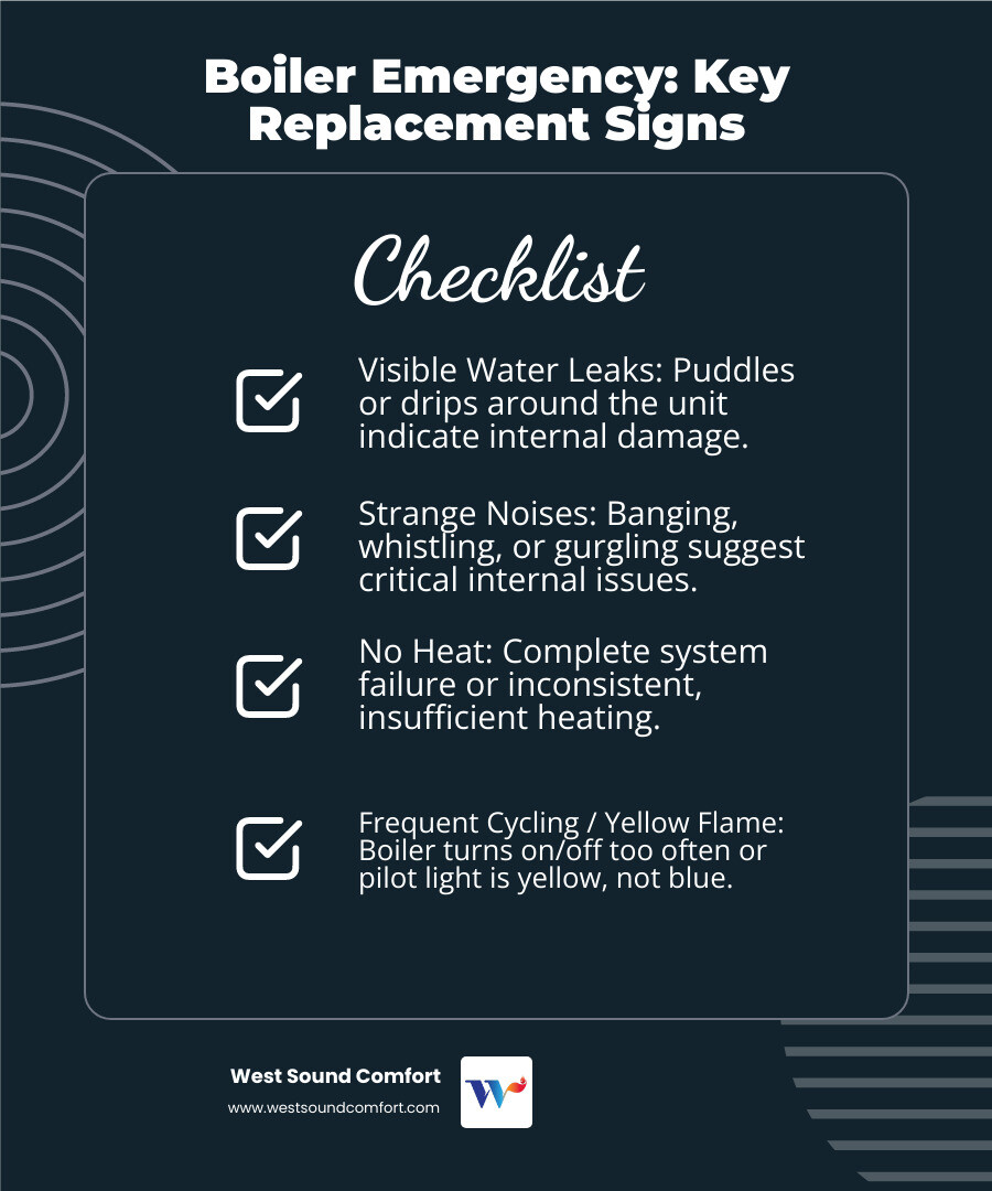 Infographic showing emergency boiler replacement signs including visible water leaks around the unit, loud banging or whistling noises, complete loss of heat, frequent cycling on and off, and a yellow pilot light flame instead of blue - 24 hour boiler heat installation in bremerton, wa infographic checklist-dark-blue Infographic showing emergency boiler replacement signs including visible water leaks around the unit, loud banging or whistling noises, complete loss of heat, frequent cycling on and off, and a yellow pilot light flame instead of blue - 24 hour boiler heat installation in bremerton, wa infographic checklist-dark-blue