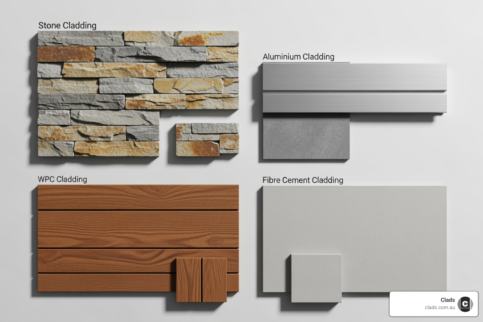 Mood board displaying samples of WPC, fibre cement, and aluminium cladding from Clads Australia - Cladding materials Australia Mood board displaying samples of WPC, fibre cement, and aluminium cladding from Clads Australia - Cladding materials Australia