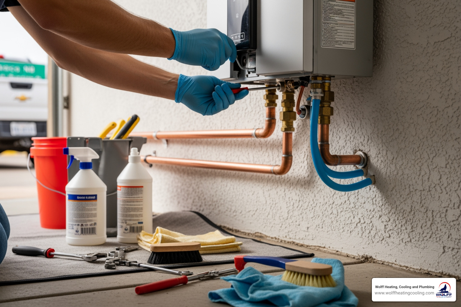 Infographic showing tankless water heater maintenance schedule: annual professional inspection and flushing, 3-6 month descaling for hard water areas, monthly visual checks for leaks, quarterly filter cleaning, and key components including heat exchanger, flow sensor, and pressure relief valve - tankless water heater maintenance near me in rio rancho, nm Infographic showing tankless water heater maintenance schedule: annual professional inspection and flushing, 3-6 month descaling for hard water areas, monthly visual checks for leaks, quarterly filter cleaning, and key components including heat exchanger, flow sensor, and pressure relief valve - tankless water heater maintenance near me in rio rancho, nm