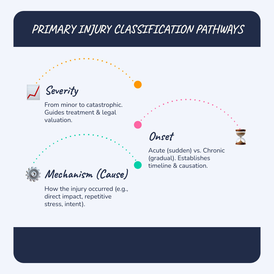infographic explaining the primary pathways of injury classification: severity ranging from minor bruises to catastrophic paralysis, onset comparing sudden traumatic events to gradual repetitive harm, and mechanism distinguishing between direct contact and non-contact injuries, with examples for each category - How are injuries classified? infographic infographic-line-3-steps-blues-accent_colors infographic explaining the primary pathways of injury classification: severity ranging from minor bruises to catastrophic paralysis, onset comparing sudden traumatic events to gradual repetitive harm, and mechanism distinguishing between direct contact and non-contact injuries, with examples for each category - How are injuries classified? infographic infographic-line-3-steps-blues-accent_colors