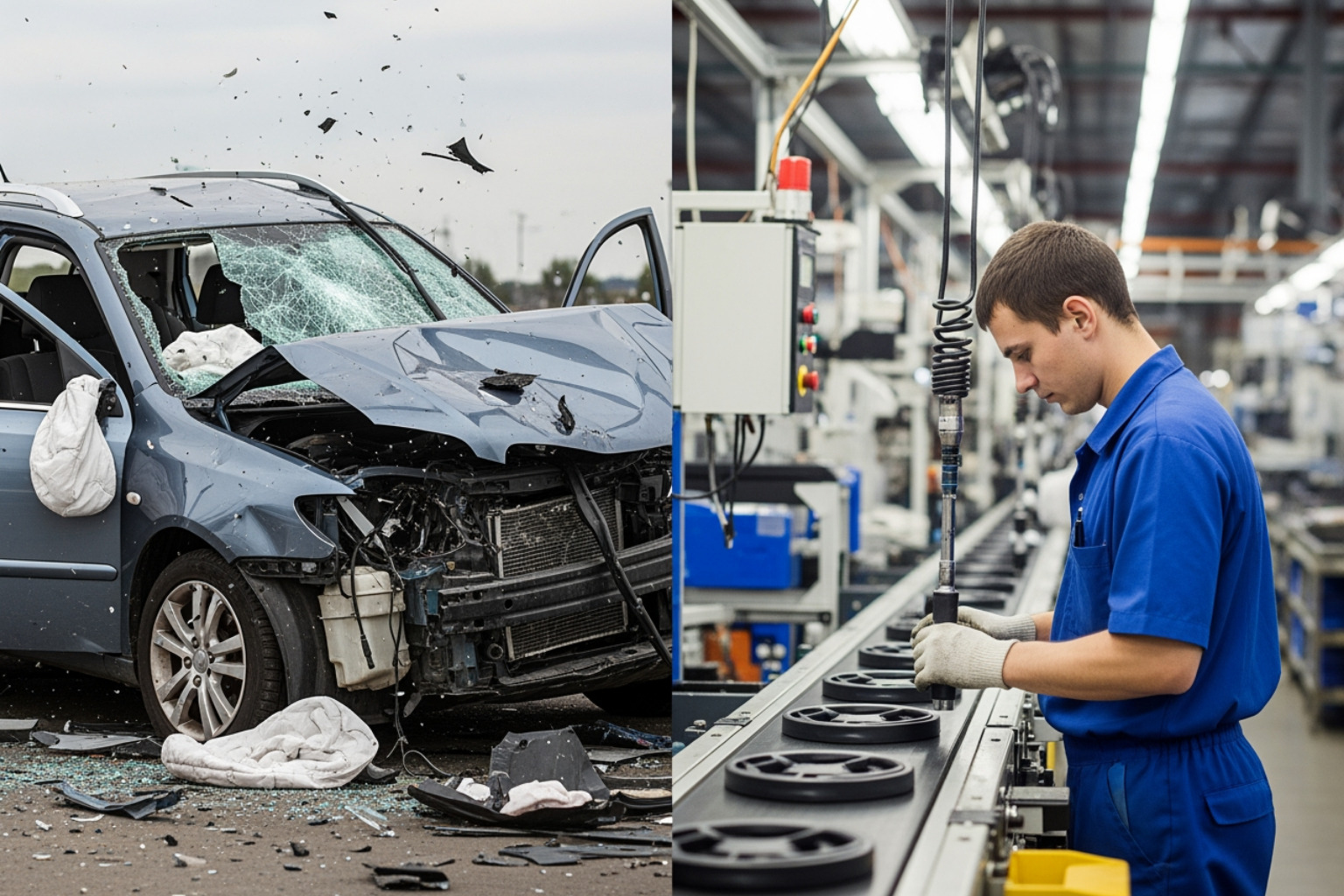 split-screen showing a sudden car impact versus a repetitive factory motion - How are injuries classified? split-screen showing a sudden car impact versus a repetitive factory motion - How are injuries classified?