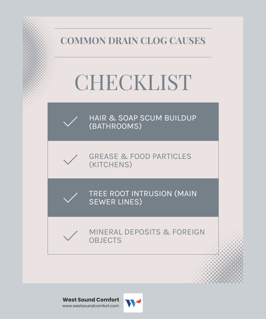infographic showing common causes of drain clogs including hair and soap buildup in bathroom drains, grease and food particles in kitchen drains, tree root intrusion in main sewer lines, mineral deposits from hard water, and foreign objects accidentally flushed down toilets - drain cleaning in bremerton wa infographic checklist-light-blue-grey