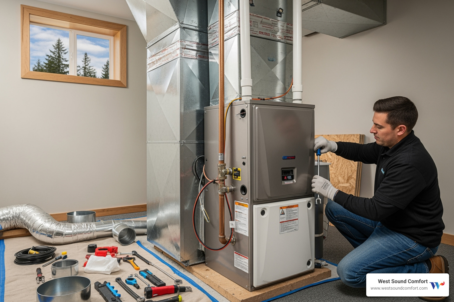 Infographic showing key benefits of professional furnace installation: proper sizing and load calculation ensures optimal efficiency, thorough ductwork inspection prevents energy loss, code-compliant connections guarantee safety, comprehensive system testing confirms reliable performance, and manufacturer warranties protect your investment - best furnace installation in silverdale, wa