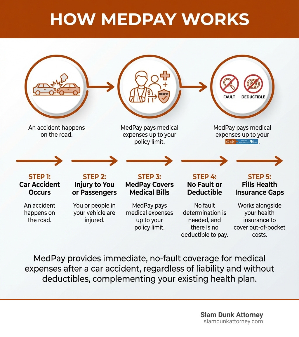 Infographic showing how MedPay works: Step 1 - Car accident occurs; Step 2 - You or your passengers are injured; Step 3 - MedPay pays your medical bills up to your coverage limit; Step 4 - No fault determination needed, no deductible to pay; Step 5 - Works alongside your health insurance to fill coverage gaps - automobile insurance medical payments infographic 