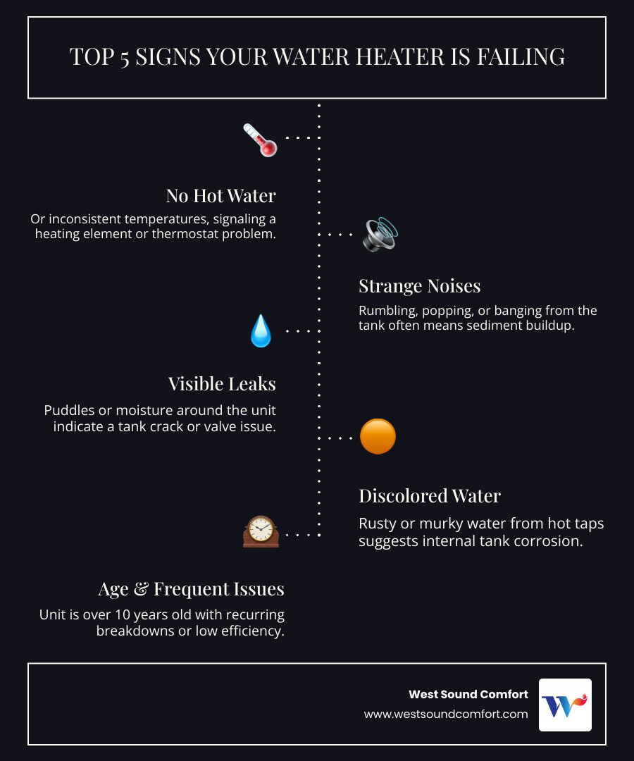 Infographic showing the top 5 signs your water heater is failing: 1) No hot water or inconsistent temperatures, 2) Strange rumbling or popping noises from the tank, 3) Visible leaks or pooling water around the unit, 4) Rusty or discolored water from hot taps, 5) Unit is over 10 years old with frequent issues - water heater repair in poulsbo wa infographic infographic-line-5-steps-dark