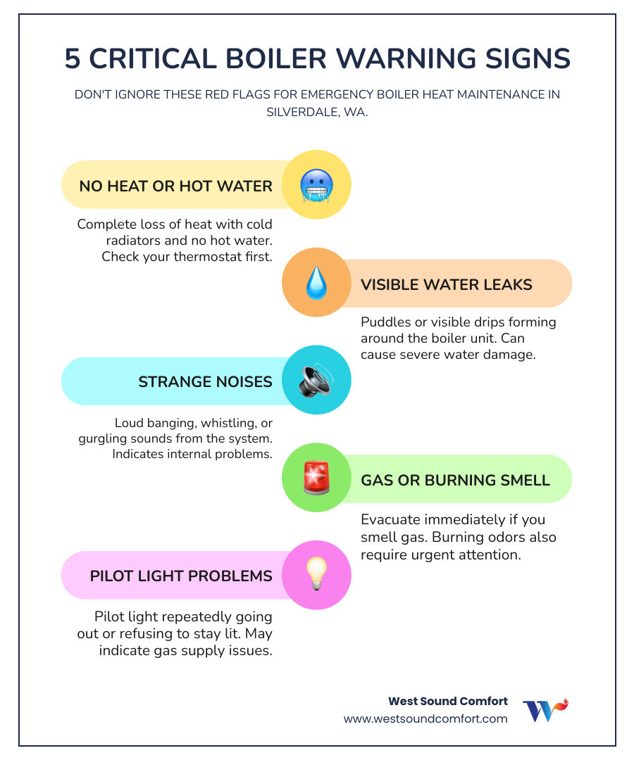 Infographic showing the 5 critical warning signs requiring immediate emergency boiler service: 1) Complete loss of heat with cold radiators and no hot water, 2) Visible water leaks or puddles forming around the boiler unit, 3) Loud banging, whistling, or gurgling noises coming from the system, 4) Strong gas or burning smell near the boiler, 5) Pilot light repeatedly going out or refusing to stay lit. Each sign includes a simple icon and a brief note on safety response. - emergency boiler heat maintenance in silverdale, wa infographic infographic-line-5-steps-colors