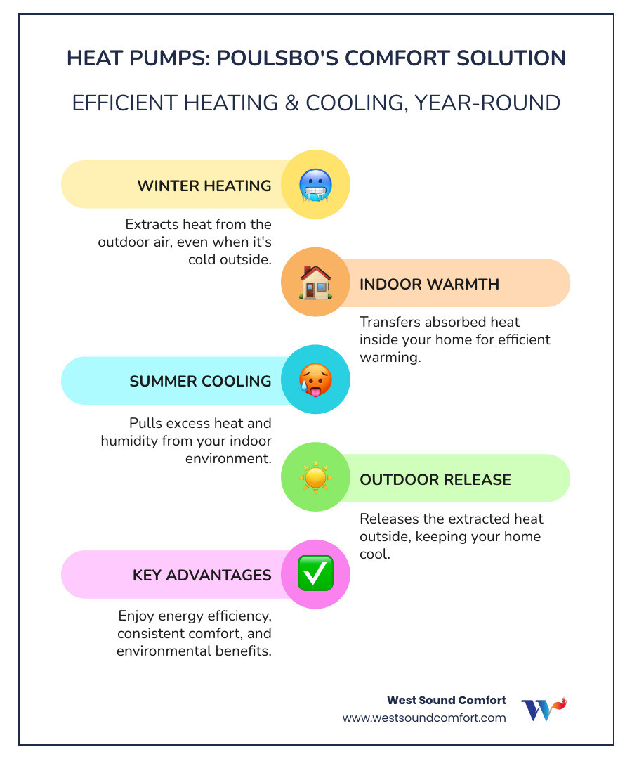 Infographic showing how heat pumps provide both heating and cooling by transferring heat rather than generating it, with arrows indicating heat transfer from outdoor air into the home during winter and from indoor air to outdoors during summer, plus benefits including energy efficiency, year-round comfort, and environmental friendliness - best heat pump repair in poulsbo, wa infographic