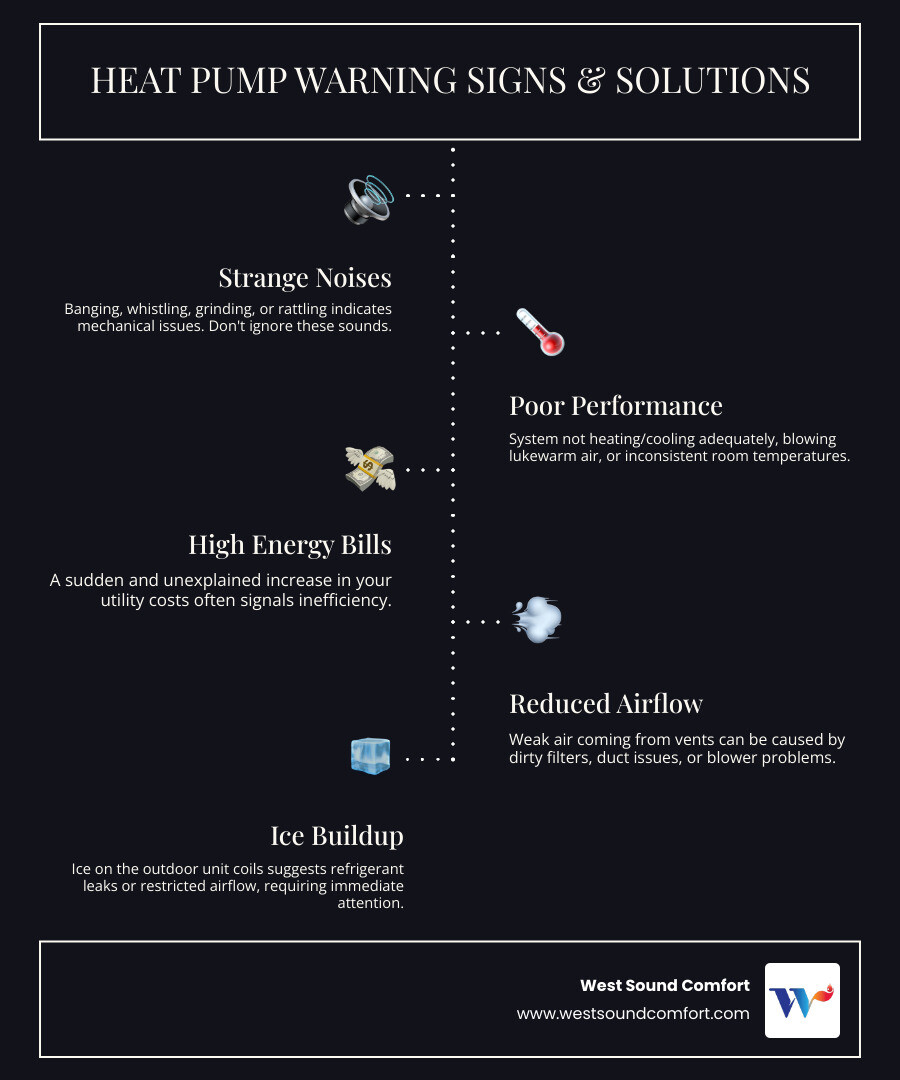infographic showing common heat pump problems on the left (strange noises, ice buildup, weak airflow, high bills) with arrows pointing to solutions on the right (compressor repair, refrigerant service, coil cleaning, system tune-up), and a bottom section highlighting when to call for professional heat pump repair in Poulsbo - heat pump repair near me in poulsbo, wa infographic infographic-line-5-steps-dark