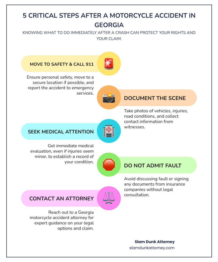 infographic showing 5 critical steps after a motorcycle accident in Georgia: 1. Move to safety and call 911, 2. Document the scene with photos and witness info, 3. Seek immediate medical attention even if you feel okay, 4. Do NOT admit fault or sign anything from insurance, 5. Contact a Georgia motorcycle accident attorney within days - duluth motorcycle accident attorney infographic infographic-line-5-steps-colors