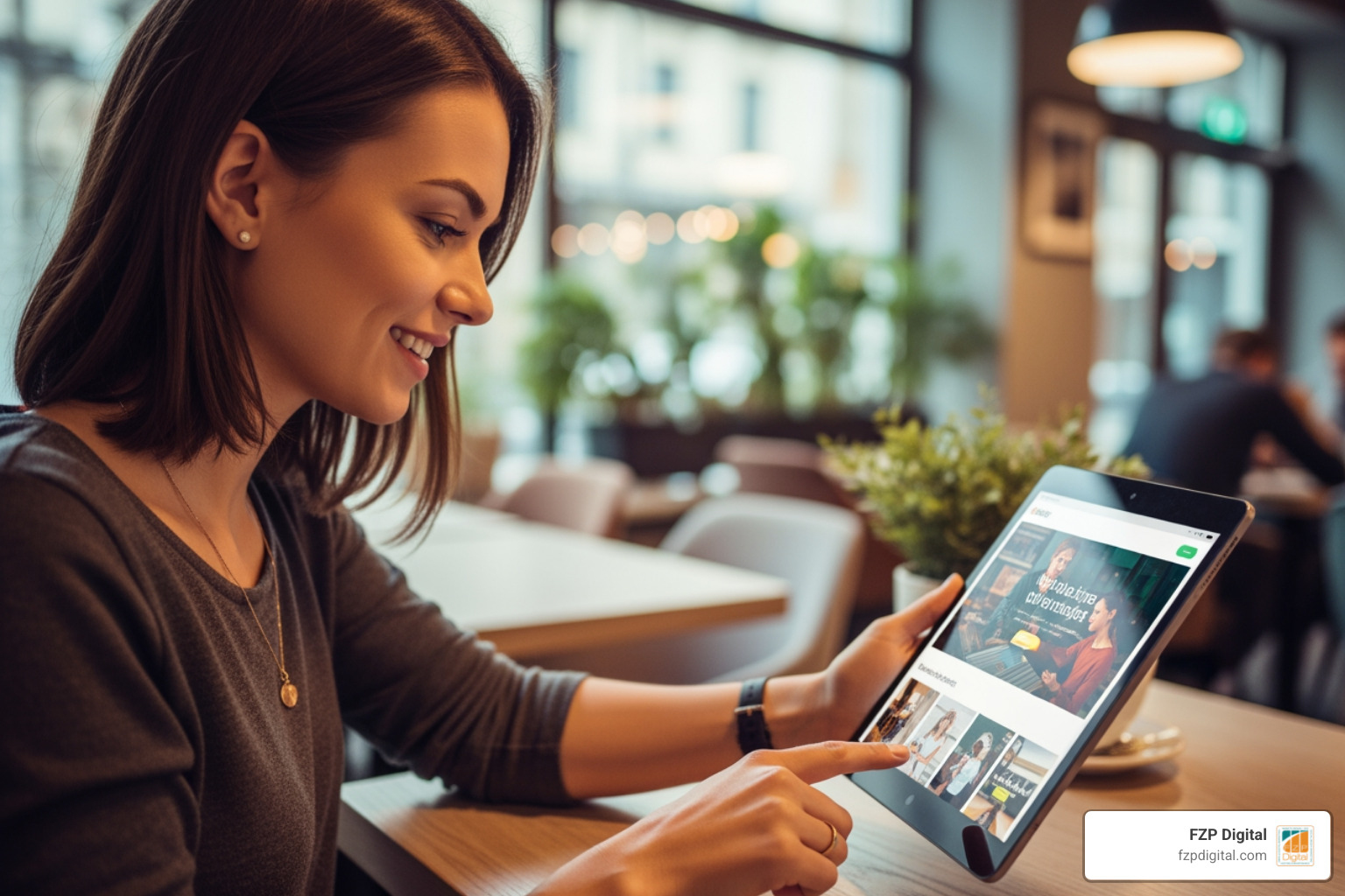 customer smiling while using a brand’s interactive website on a tablet - interactive agency customer smiling while using a brand’s interactive website on a tablet - interactive agency