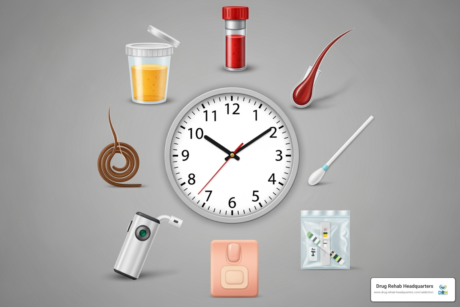 A clock with hands pointing to various times, surrounded by icons representing different drug tests like urine, blood, and hair follicle - Percocet Addiction Treatment