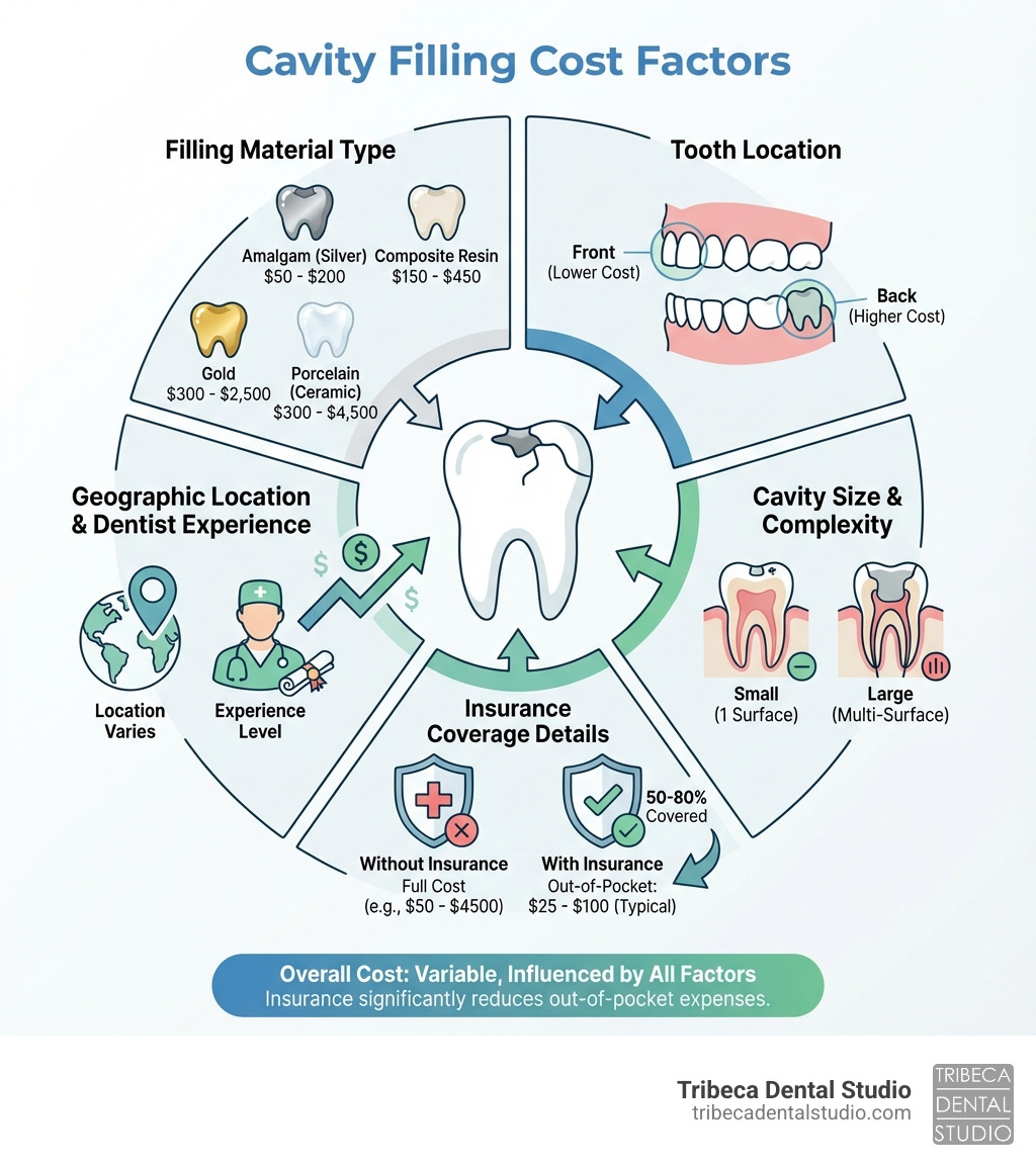 Infographic showing the main factors affecting cavity filling costs: filling material type (amalgam, composite, gold, porcelain), tooth location (front vs. back), cavity size and complexity (number of surfaces affected), geographic location and dentist experience, and insurance coverage details - Cavity filling cost infographic 