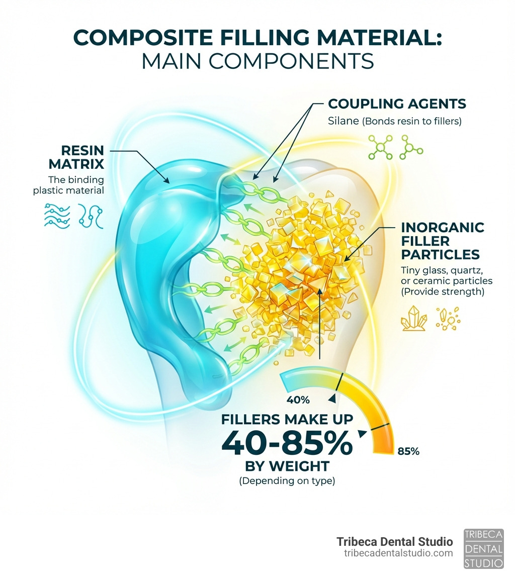 Infographic showing the three main components of composite filling material: resin matrix (the binding plastic material), inorganic filler particles (tiny glass, quartz, or ceramic particles that provide strength), and coupling agents (silane that bonds the resin to the fillers), with percentages showing fillers make up 40-85% by weight depending on the type - composite filling material infographic 