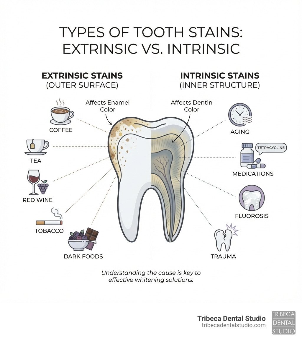 Infographic showing the two main types of tooth stains: Extrinsic stains on the outer enamel surface caused by coffee, tea, red wine, tobacco, and dark foods; and Intrinsic stains within the tooth structure caused by aging, medications like tetracycline, fluorosis, and trauma, with illustrations of each cause and how they affect tooth color differently - most effective way to whiten teeth infographic Infographic showing the two main types of tooth stains: Extrinsic stains on the outer enamel surface caused by coffee, tea, red wine, tobacco, and dark foods; and Intrinsic stains within the tooth structure caused by aging, medications like tetracycline, fluorosis, and trauma, with illustrations of each cause and how they affect tooth color differently - most effective way to whiten teeth infographic