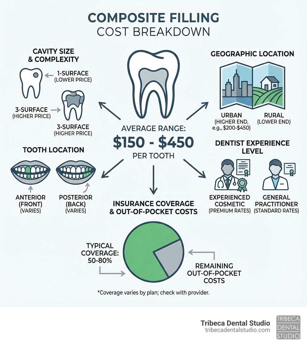 Infographic showing composite filling cost breakdown: Average range $150-$450 per tooth, factors affecting price including cavity size (1-surface vs 3-surface), tooth location (anterior vs posterior), geographic location (urban vs rural), dentist experience level, and typical insurance coverage of 50-80% with remaining out-of-pocket costs - Composite filling cost infographic 