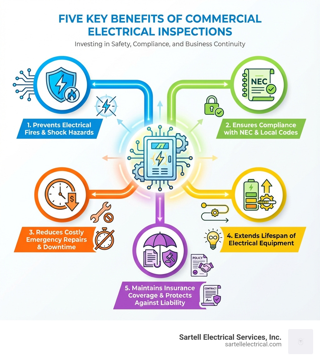infographic showing five key benefits of commercial electrical inspections: 1. Prevents electrical fires and shock hazards, 2. Ensures compliance with NEC and local codes, 3. Reduces costly emergency repairs and downtime, 4. Extends lifespan of electrical equipment, 5. Maintains insurance coverage and protects against liability - Commercial electrical inspections infographic 