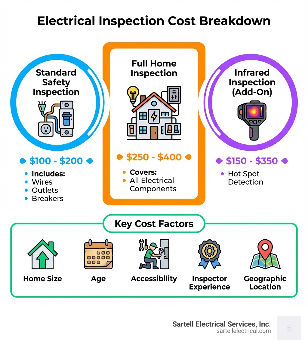 Infographic showing electrical inspection cost breakdown: Standard Safety Inspection $100-$200 including wires, outlets, and breakers; Full Home Inspection $250-$400 covering all electrical components; Infrared Inspection $150-$350 add-on for hot spot detection; and cost factors including home size, age, accessibility, inspector experience, and geographic location - electrical inspection cost near me infographic 