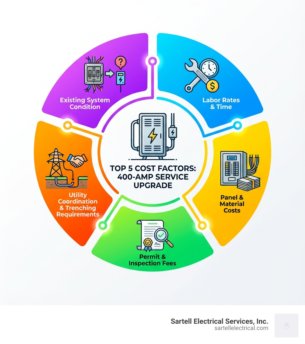 infographic showing the top 5 cost factors for a 400-amp service upgrade: labor rates and time, panel and material costs, permit and inspection fees, utility company coordination and trenching requirements, and existing system condition - 400 amp service upgrade cost infographic 