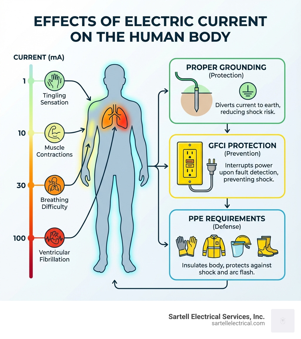 infographic explaining the effects of electric current on the human body, from tingling sensation at 1 milliamp to ventricular fibrillation at 100 milliamps, with illustrations of proper grounding, GFCI protection, and PPE requirements - electrical safety for industrial facilities infographic infographic explaining the effects of electric current on the human body, from tingling sensation at 1 milliamp to ventricular fibrillation at 100 milliamps, with illustrations of proper grounding, GFCI protection, and PPE requirements - electrical safety for industrial facilities infographic