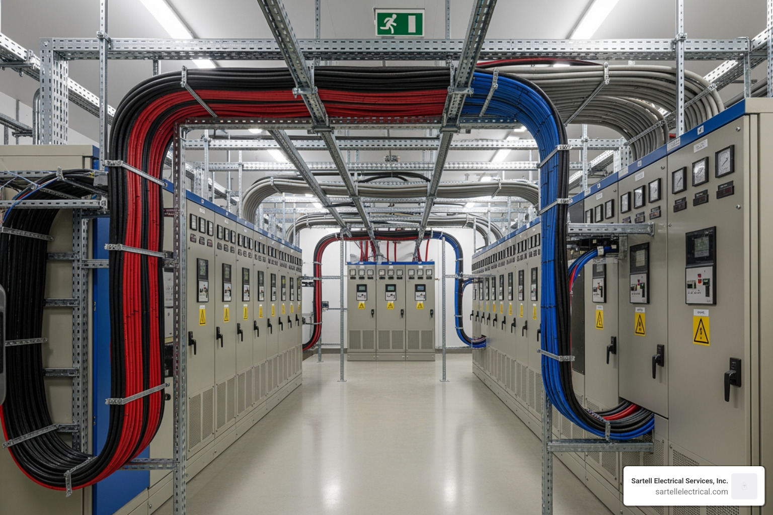 Electrical control room with organized wiring, featuring multiple control panels, safety signage, and a focus on electrical safety protocols for industrial facilities.