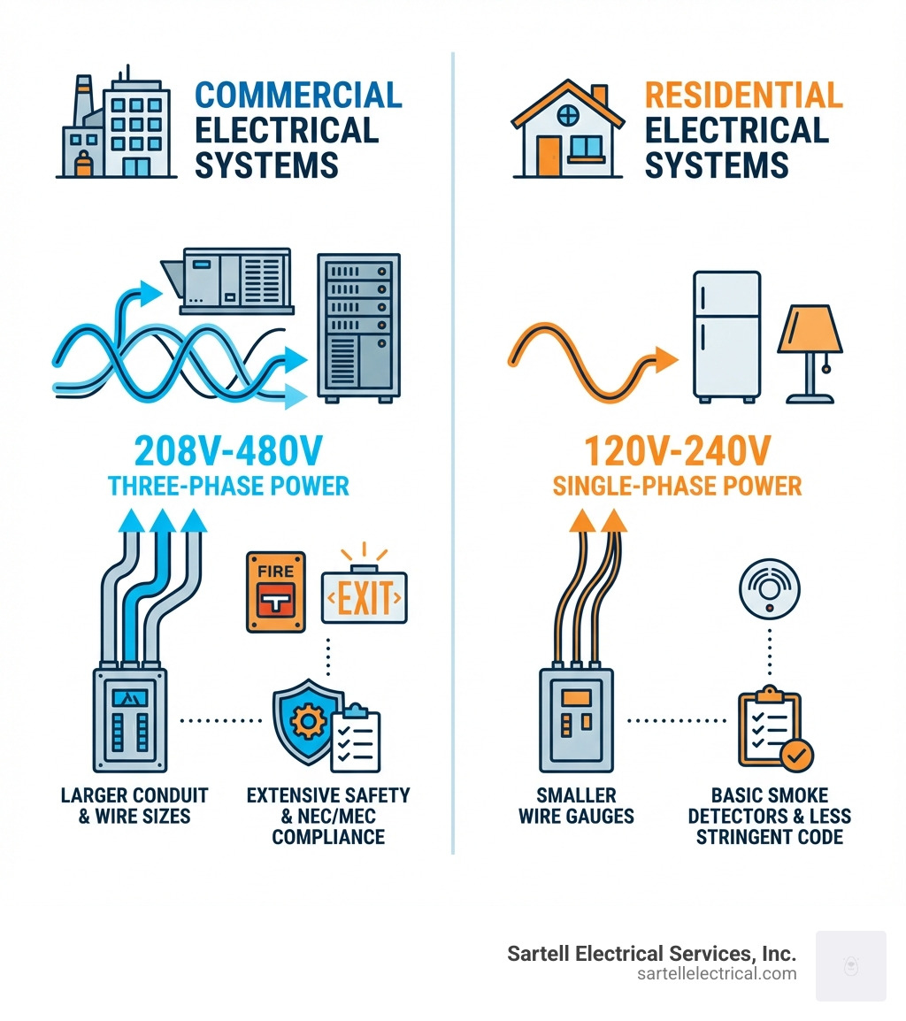 Infographic comparing commercial and residential electrical systems: Commercial systems use 208V-480V three-phase power for heavy equipment and HVAC, with larger conduit and wire sizes, extensive fire alarm and emergency lighting requirements, and strict NEC/MEC compliance for public safety. Residential systems typically use 120V-240V single-phase power, smaller wire gauges, basic smoke detectors, and less stringent code requirements. - Commercial electrician Boston MA infographic 