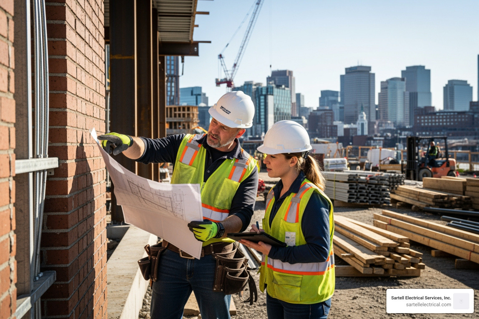 An electrician and a project manager reviewing blueprints on a commercial job site. - Commercial electrician Boston MA