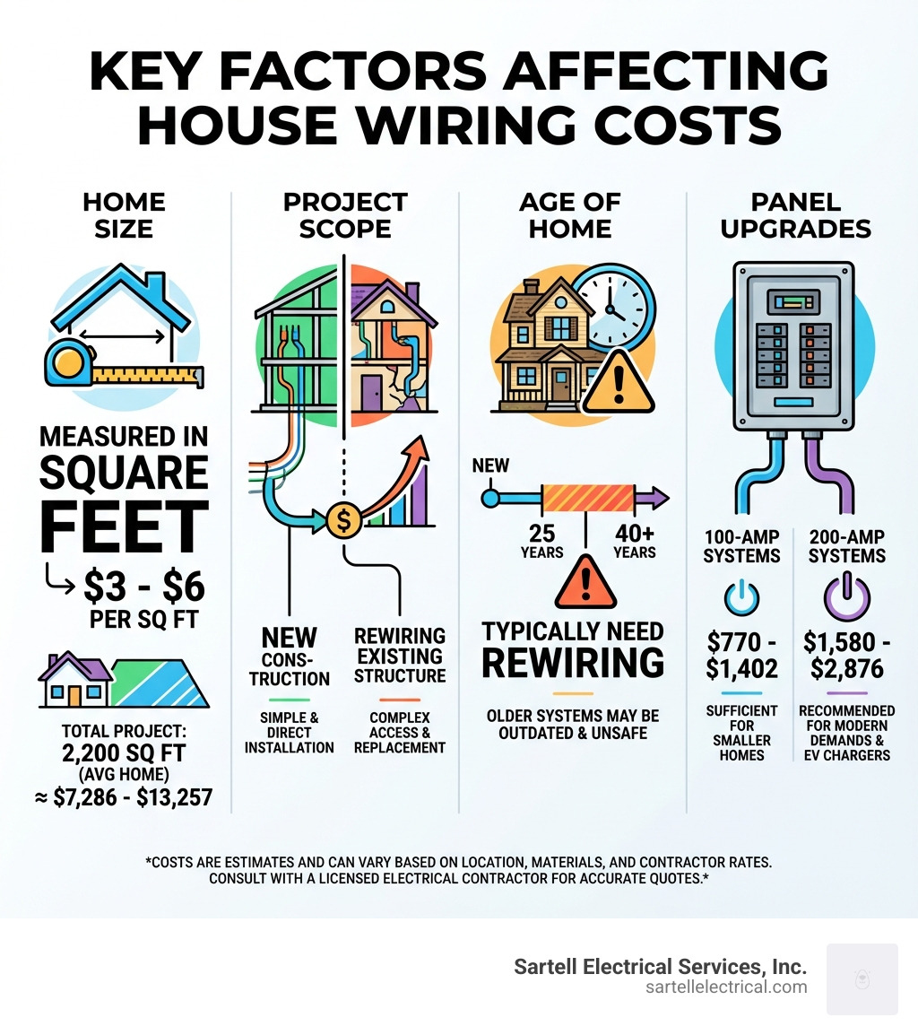 Infographic showing key factors affecting house wiring costs: Home Size (measured in square feet, typically $3-$6 per sq ft), Project Scope (new construction vs rewiring existing structure), Age of Home (homes 25-40+ years old typically need rewiring), and Panel Upgrades (100-amp systems $770-$1,402, 200-amp systems $1,580-$2,876) - electrical house wiring contractor infographic 