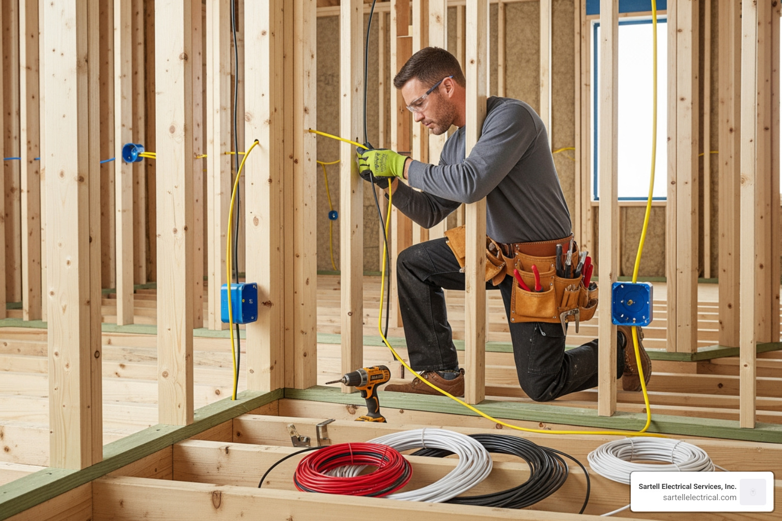 Electrician working on electrical wiring installation in a residential construction site, featuring yellow, red, and black cables, with tools in a utility belt and blue electrical boxes visible.