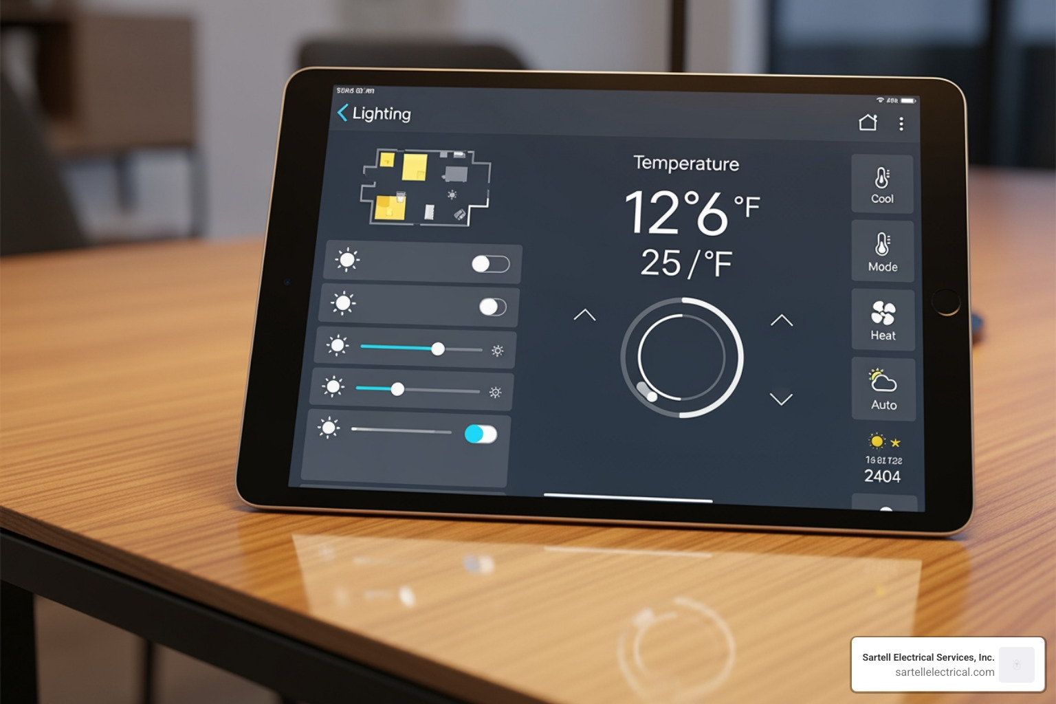 a smart home interface on a tablet controlling lighting and temperature - electrical house wiring contractor