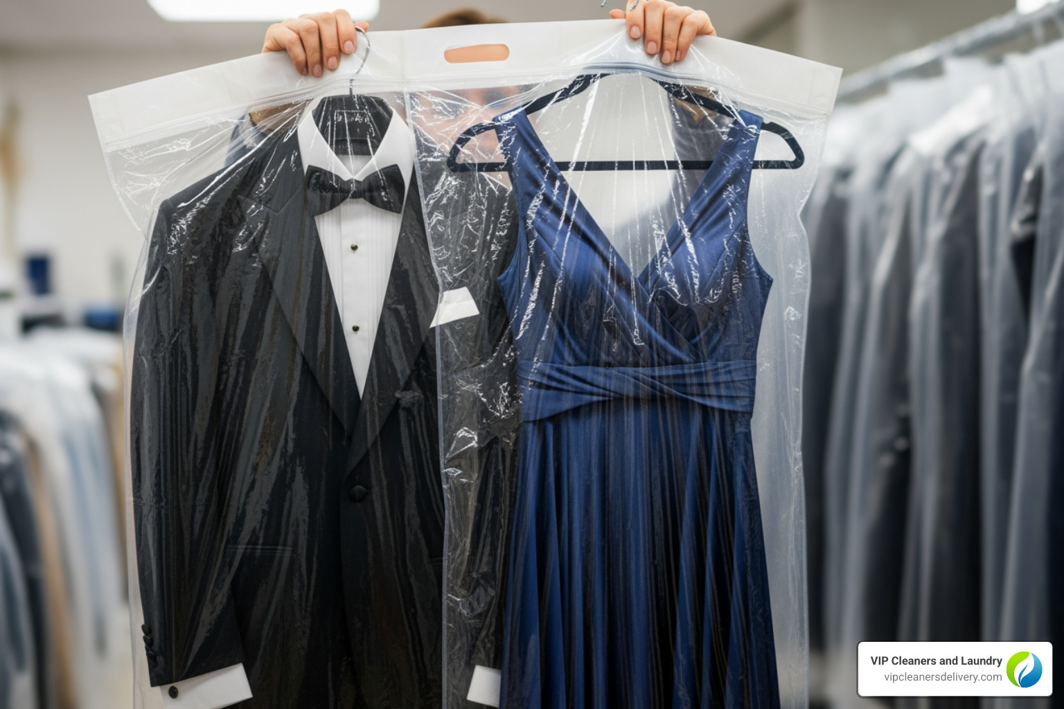 neatly organized VIP Cleaners facility showing garments being inspected or pressed - formal wear dry cleaning