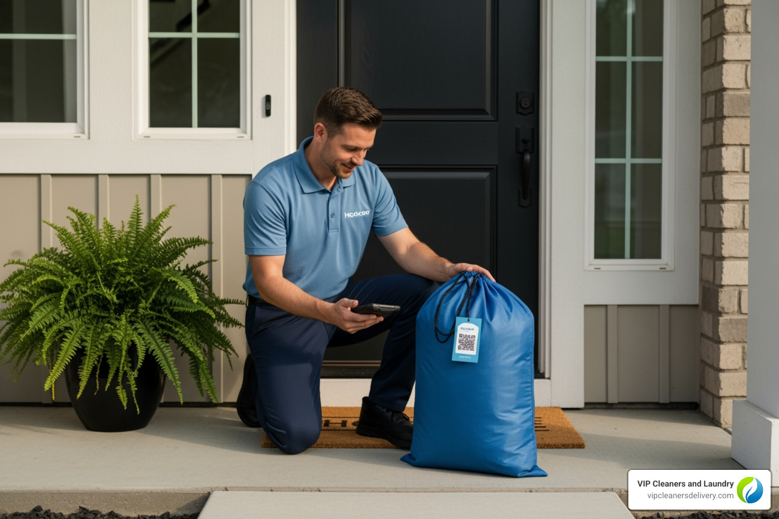 delivery driver smiling while picking up laundry bag from doorstep - hassle free laundry