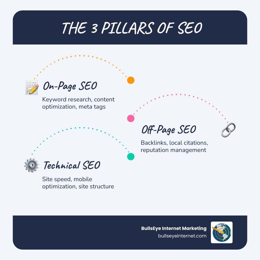Infographic showing the 3 pillars of SEO: On-Page SEO (keyword research, content optimization, meta tags), Off-Page SEO (backlinks, local citations, reputation management), and Technical SEO (site speed, mobile optimization, site structure) - SEO company Fort Lauderdale infographic infographic-line-3-steps-blues-accent_colors Infographic showing the 3 pillars of SEO: On-Page SEO (keyword research, content optimization, meta tags), Off-Page SEO (backlinks, local citations, reputation management), and Technical SEO (site speed, mobile optimization, site structure) - SEO company Fort Lauderdale infographic infographic-line-3-steps-blues-accent_colors