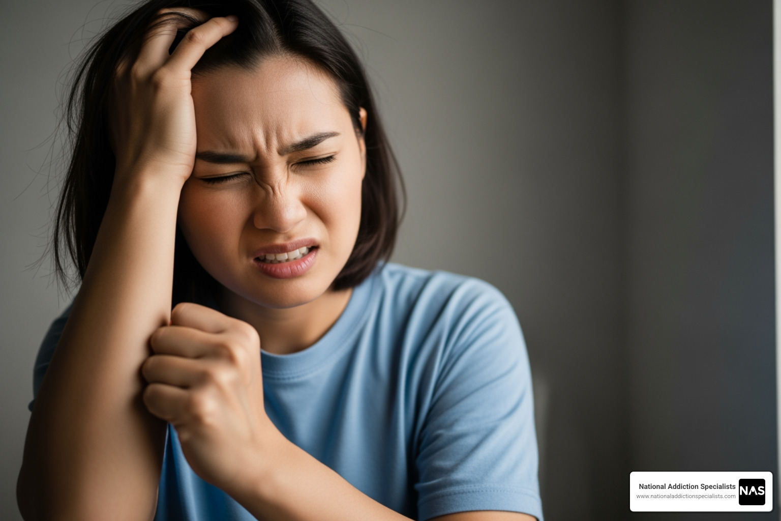 Person experiencing headache, anxiety, and muscle aches - At home detox Person experiencing headache, anxiety, and muscle aches - At home detox