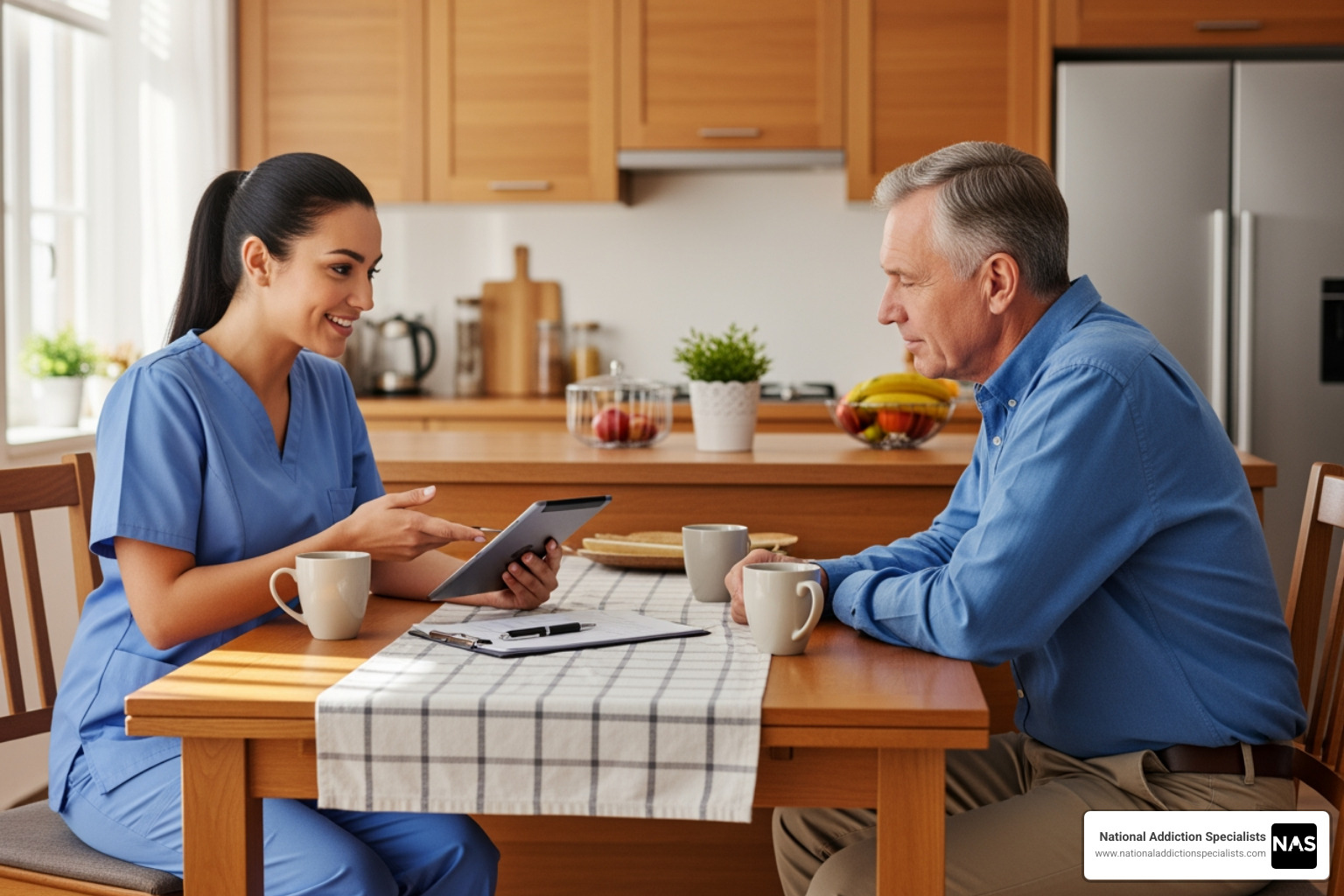 Nurse with patient at kitchen table - At home detox Nurse with patient at kitchen table - At home detox