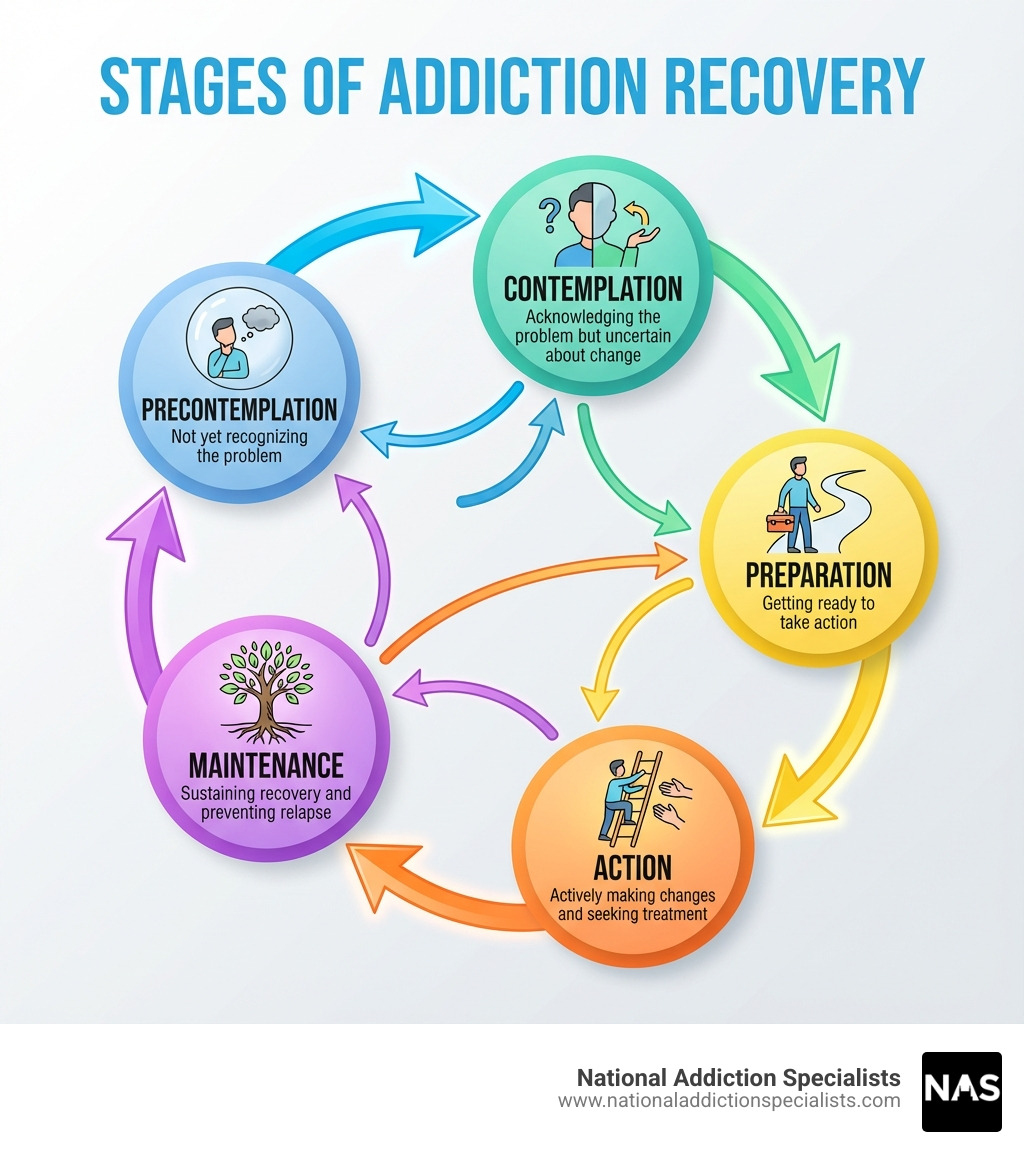 Infographic showing the five stages of addiction recovery: Precontemplation (not yet recognizing the problem), Contemplation (acknowledging the problem but uncertain about change), Preparation (getting ready to take action), Action (actively making changes and seeking treatment), and Maintenance (sustaining recovery and preventing relapse). Arrows show the cycle can move forward and backward between stages. - addiction recovery infographic Infographic showing the five stages of addiction recovery: Precontemplation (not yet recognizing the problem), Contemplation (acknowledging the problem but uncertain about change), Preparation (getting ready to take action), Action (actively making changes and seeking treatment), and Maintenance (sustaining recovery and preventing relapse). Arrows show the cycle can move forward and backward between stages. - addiction recovery infographic