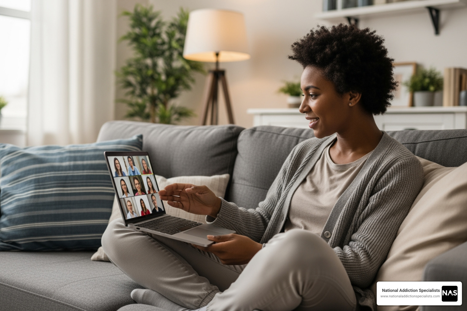 Person in a comfortable home setting, participating in a virtual support group. - addiction help online Person in a comfortable home setting, participating in a virtual support group. - addiction help online