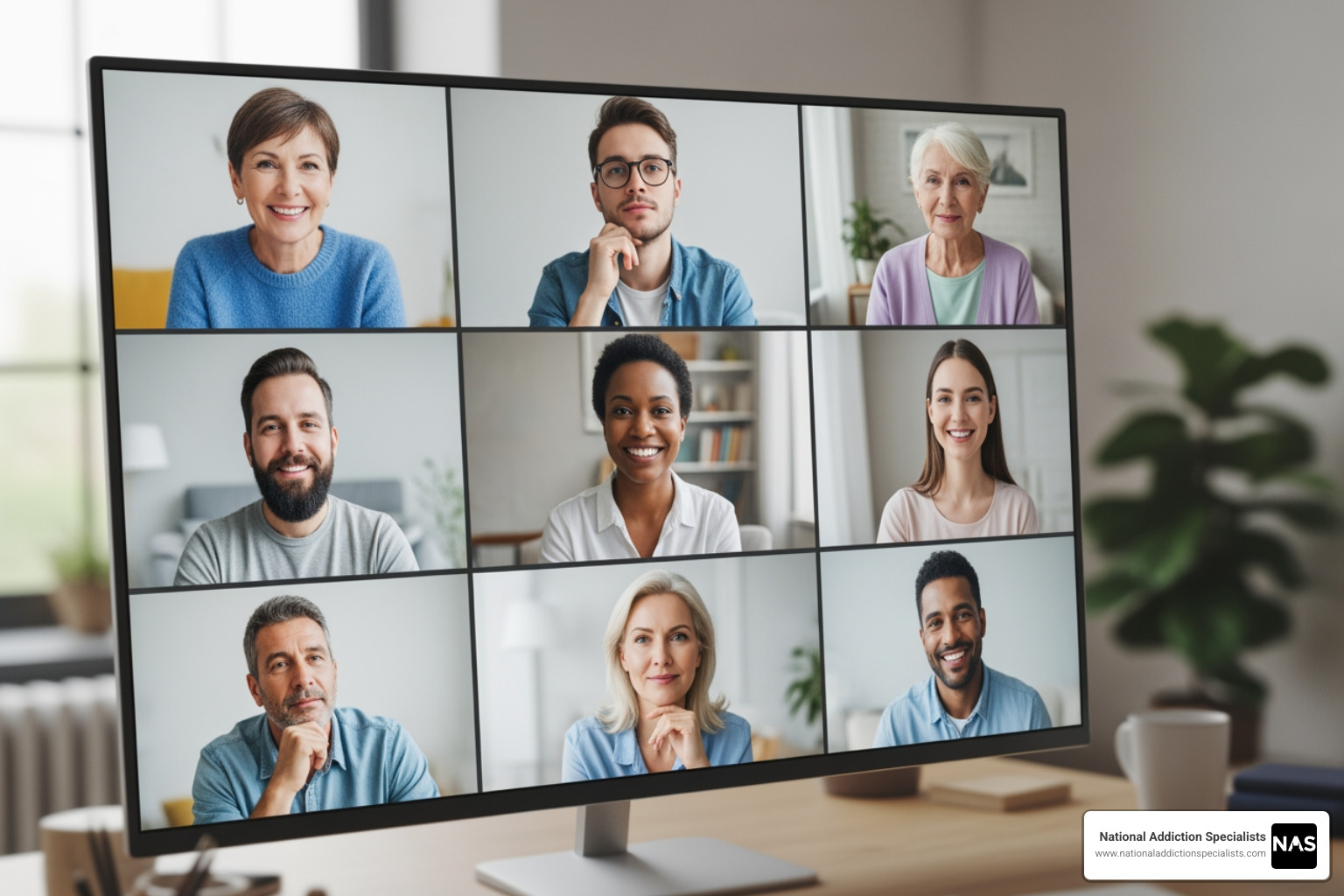 diverse group in virtual support group - telemedicine for addiction treatment diverse group in virtual support group - telemedicine for addiction treatment